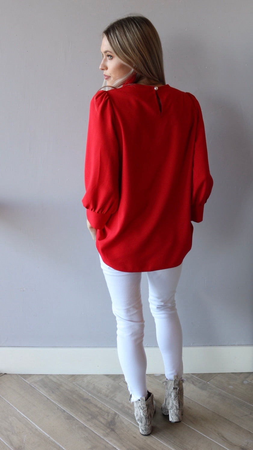 PRIORITY CuffSleeve Shirred Neck Woven Top