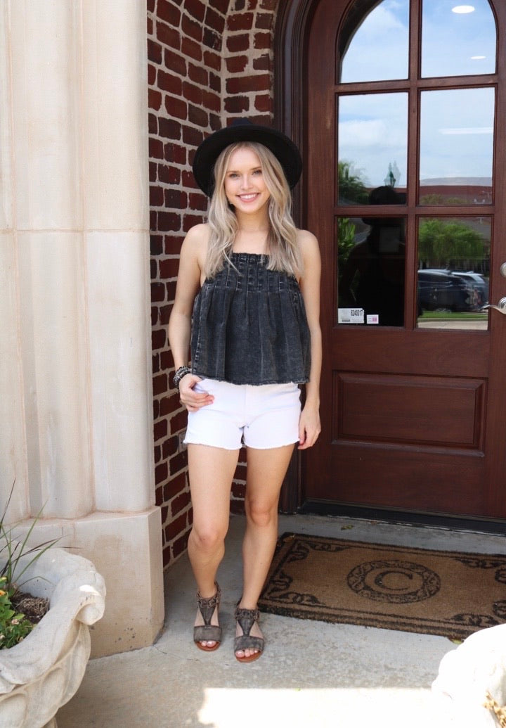 FREE PEOPLE Pleated MARINA RawHem Denim Top