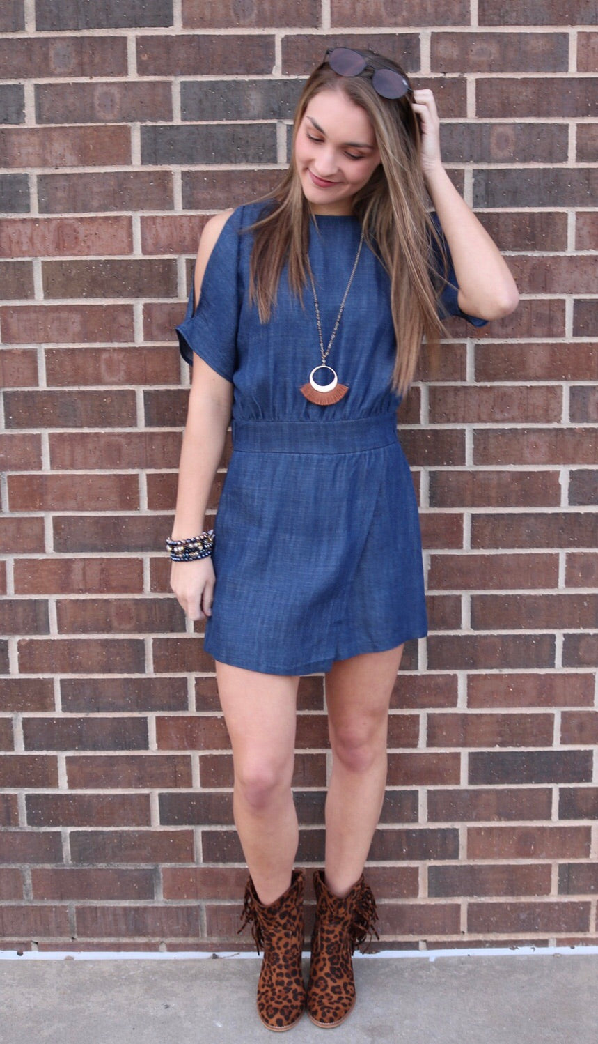 TCEC Denim FORESIGHT Slit Sleeve Faux Wrap Short Romper