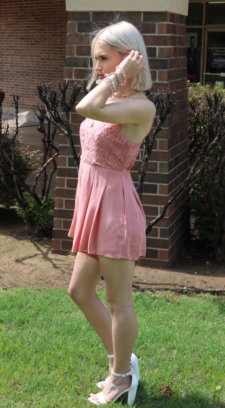 WISHLIST APPAREL OPTIC Lace Bodice Cross Back PleatShort Romper