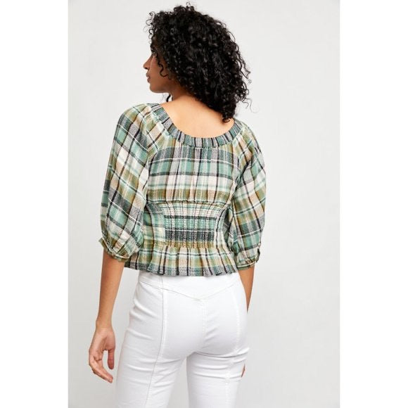 *FREE PEOPLE Plaid TEAGAN PuffSleeve SmockBack Top