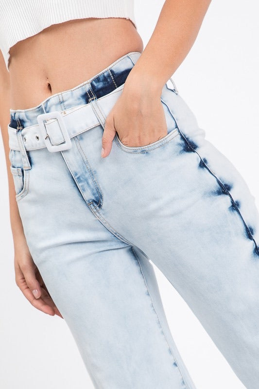 GIGI High Waisted Acid Wash Belted Stretch Flare Jean