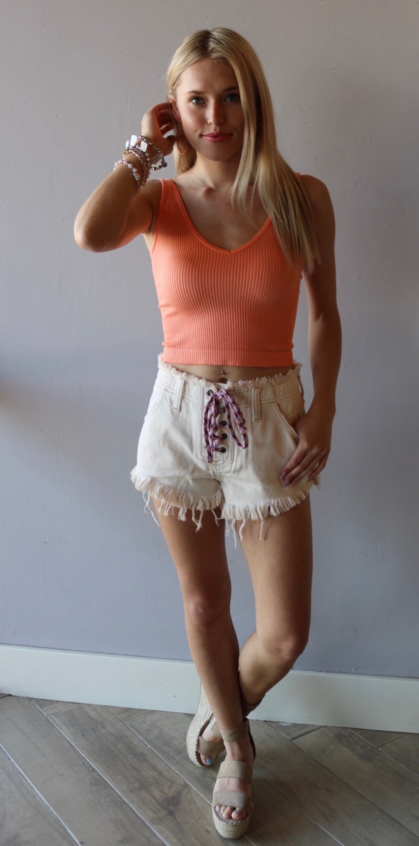 FREE PEOPLE Soft Salty  BECKET LaceUp Front Slouchy Denim Short