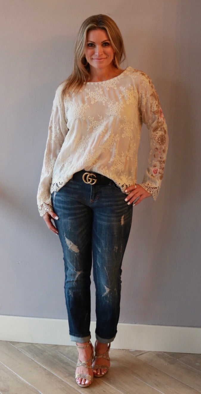 JOHNNY WAS COLLECTION Tonal Embroidered PAULINA Floral Sleeve LaceTrim Top