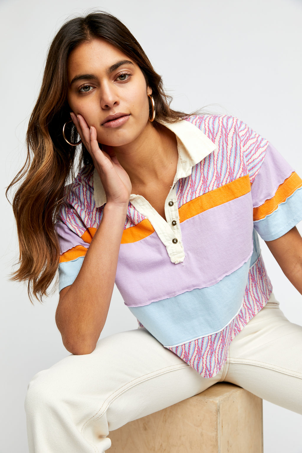 FREE PEOPLE MixPrint BELLA Collar Henley Tee Top