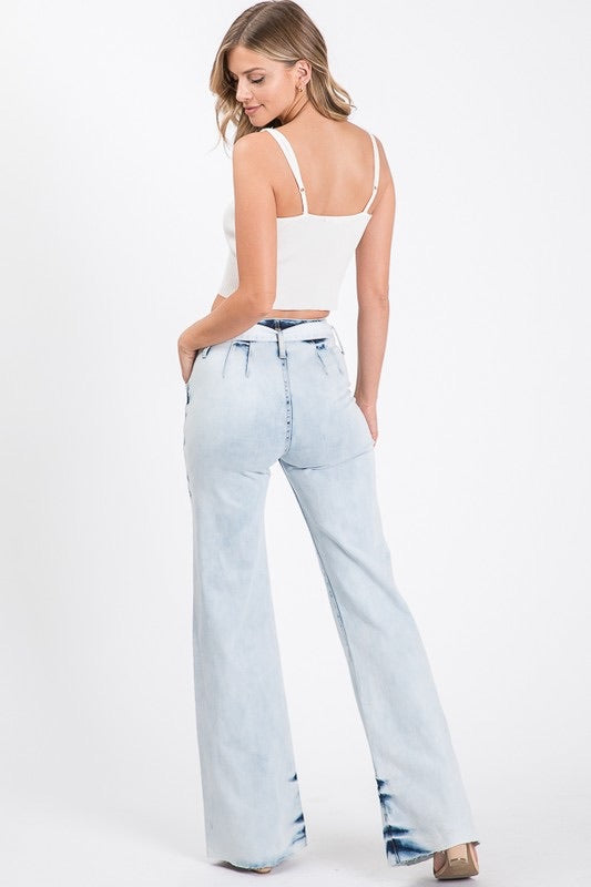 GIGI High Waisted Acid Wash Belted Stretch Flare Jean