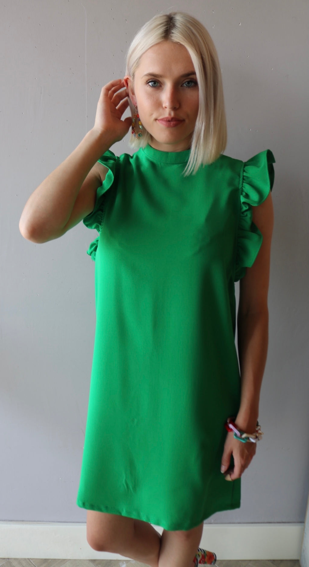 CHIME IN Ruffled Sleeve High Neck Dress