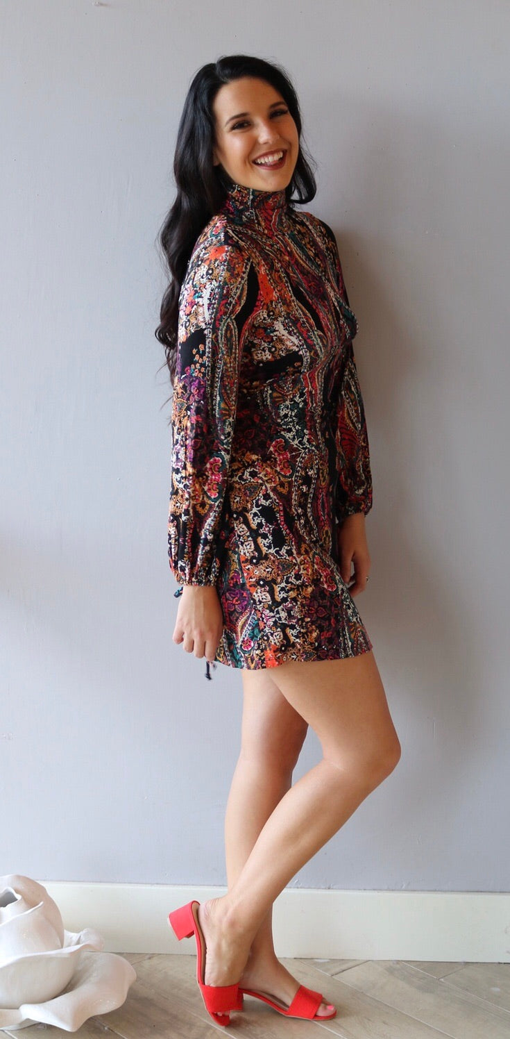 FREE PEOPLE Turtleneck ALL DOLLED UP Print Jersey Dress - Black Multi / XS FREE PEOPLE Turtleneck ALL DOLLED UP Print Jersey Dress - Black Multi / XS
