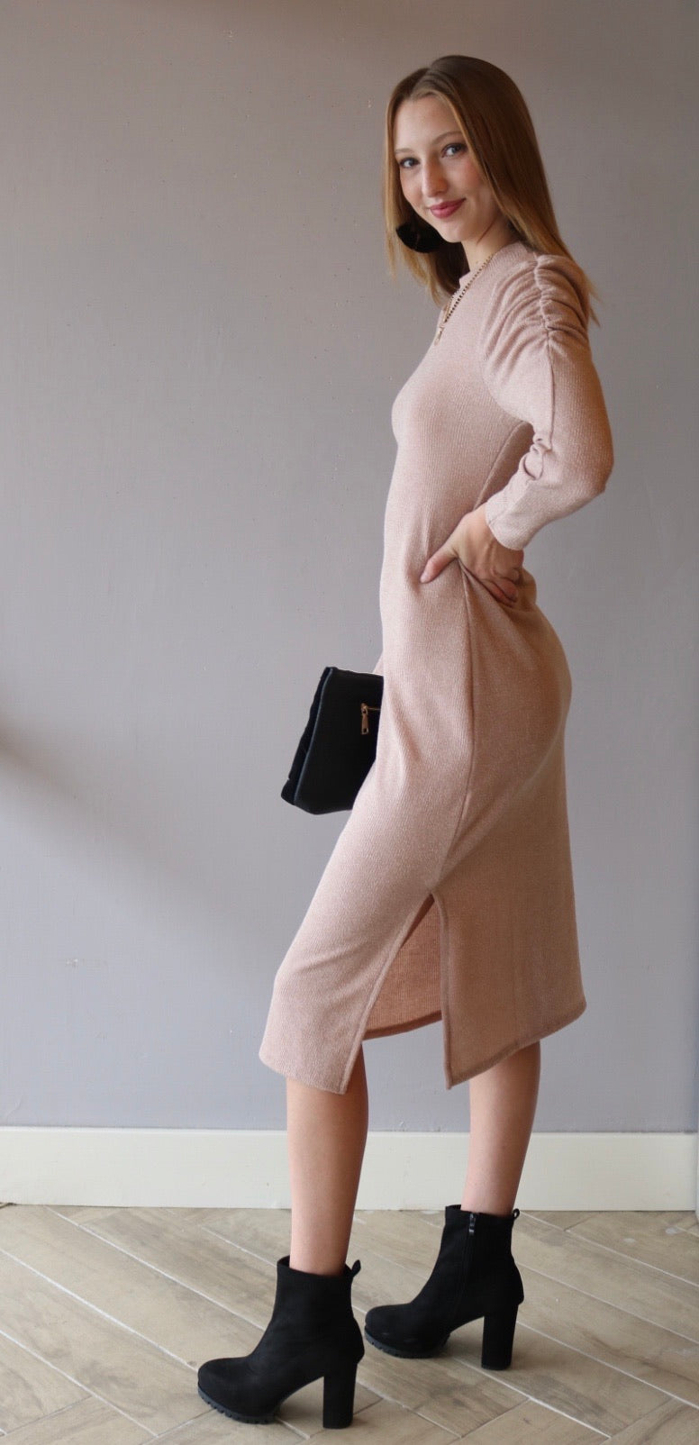 *LUSH PROMENADE Mock Neck RoucheSleeve Midi Dress