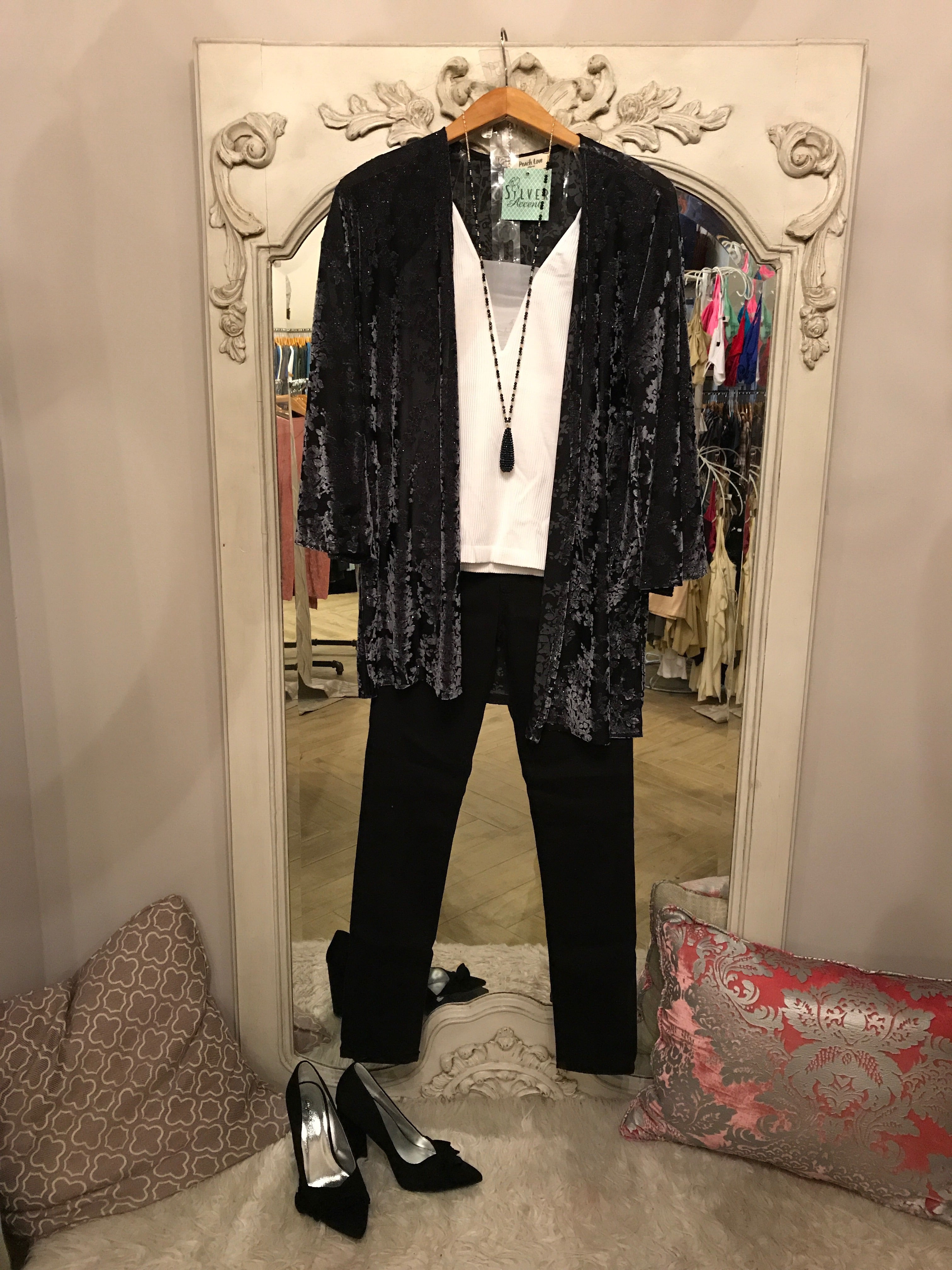 SOIRÉE Velvet Burnout Damask Sparkle Kimono Cardigan Top