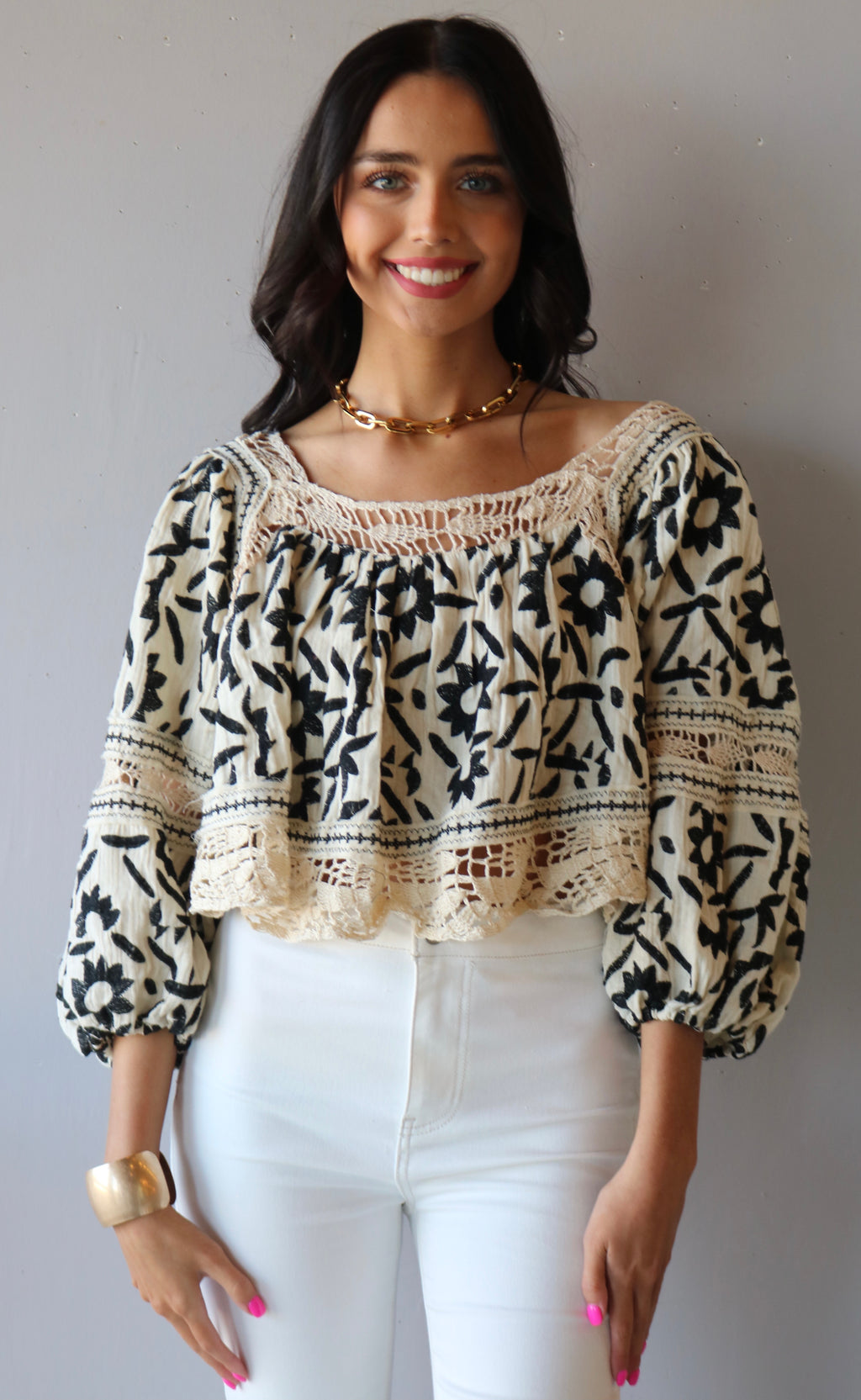 FREE PEOPLE Embroidered SOLEIL SquareNeck BalloonSleeve Top
