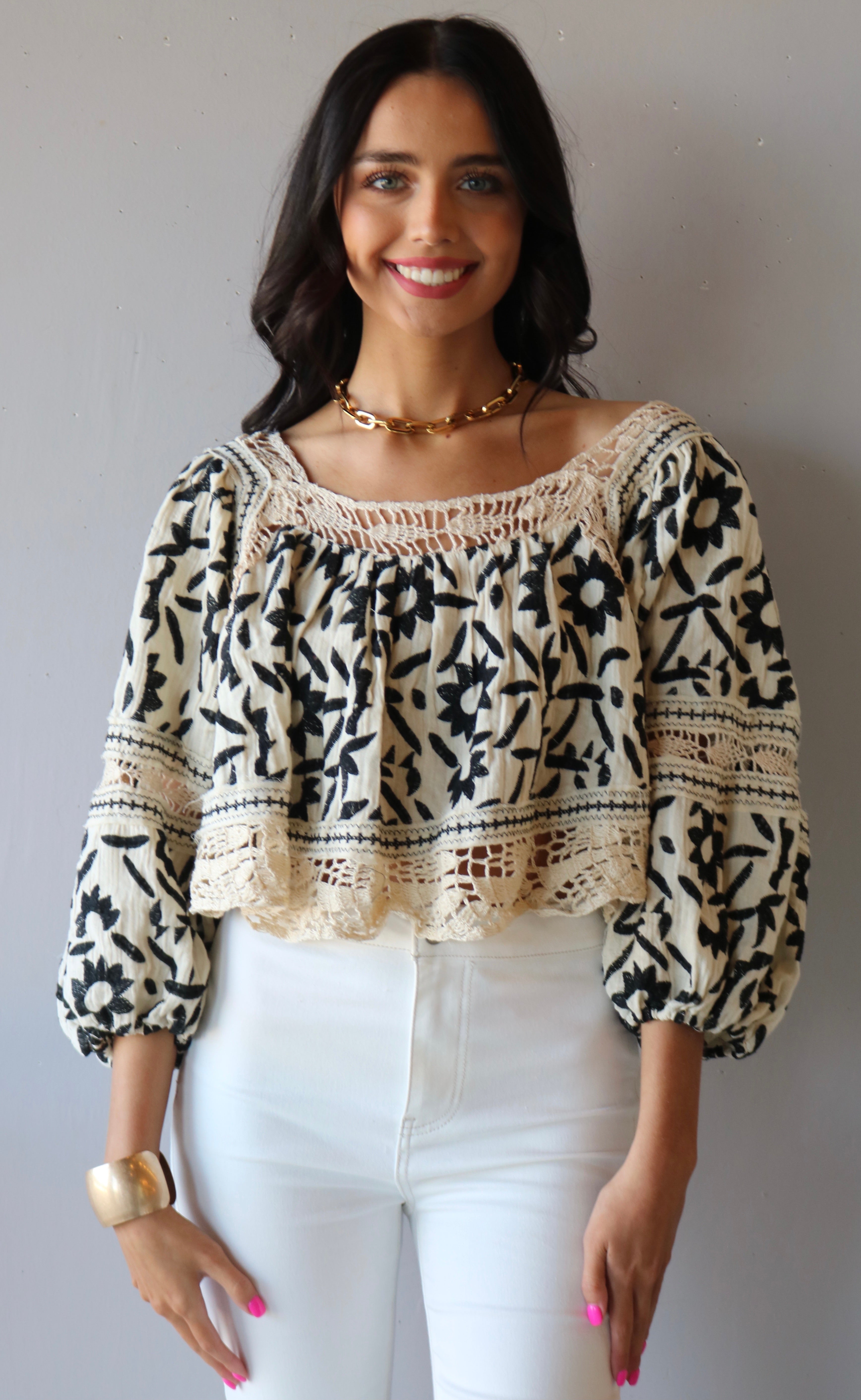 FREE PEOPLE Embroidered SOLEIL SquareNeck BalloonSleeve Top