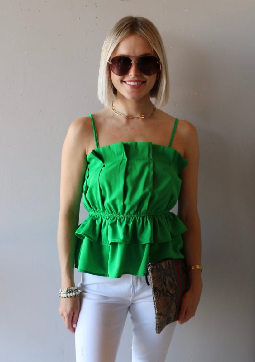 BLOOM Pleated Ruffle Bust SpaghettiStrap Poplin Top