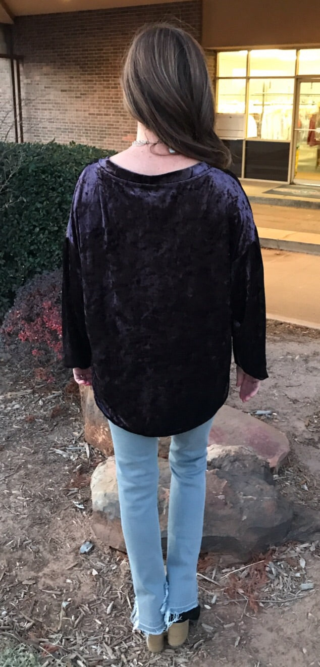 OVERVIEW Crush Velvet V-Neck DropShoulder LongSleeve Pullover Top