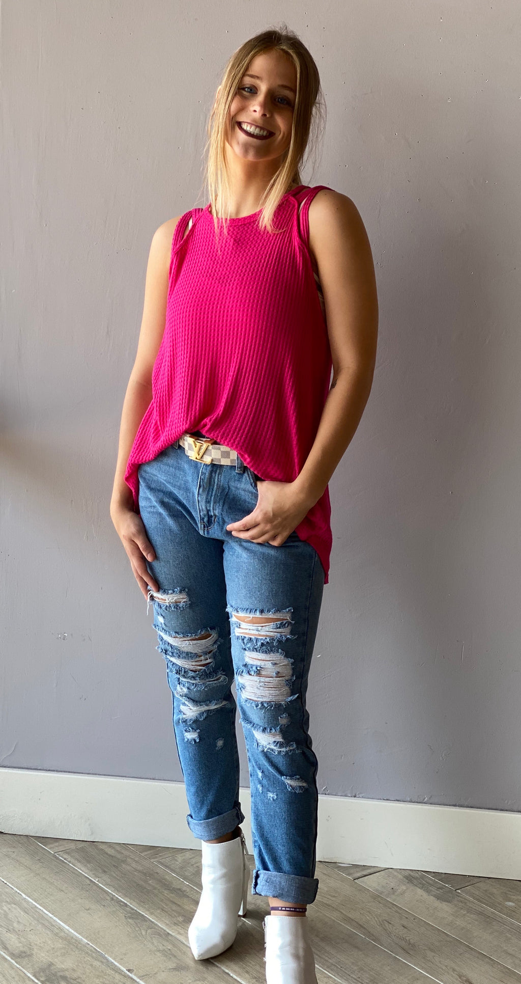 Bibi TERRAIN WaffleKnit Cutout Shoulder Tank Top