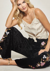 LOVE STORY Velvet Embroidered Floral Palazzo Pant