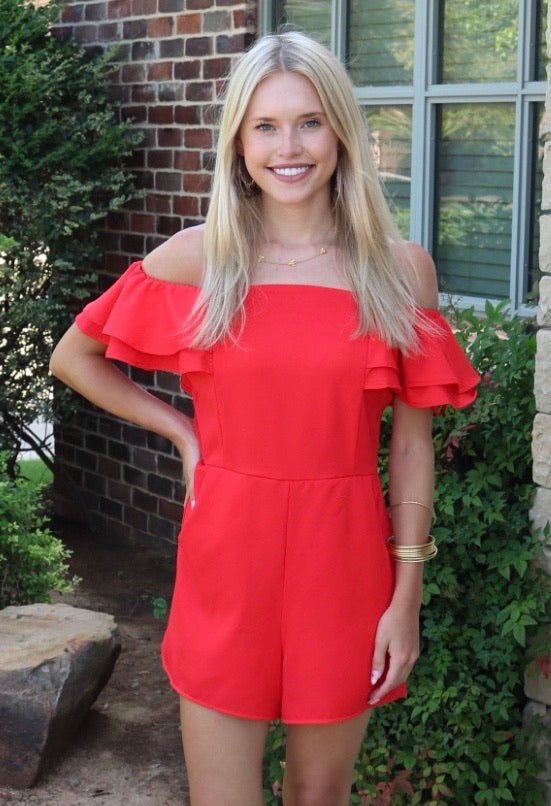 FOUNDER Ruffled OffShoulder Woven Romper w/Pockets