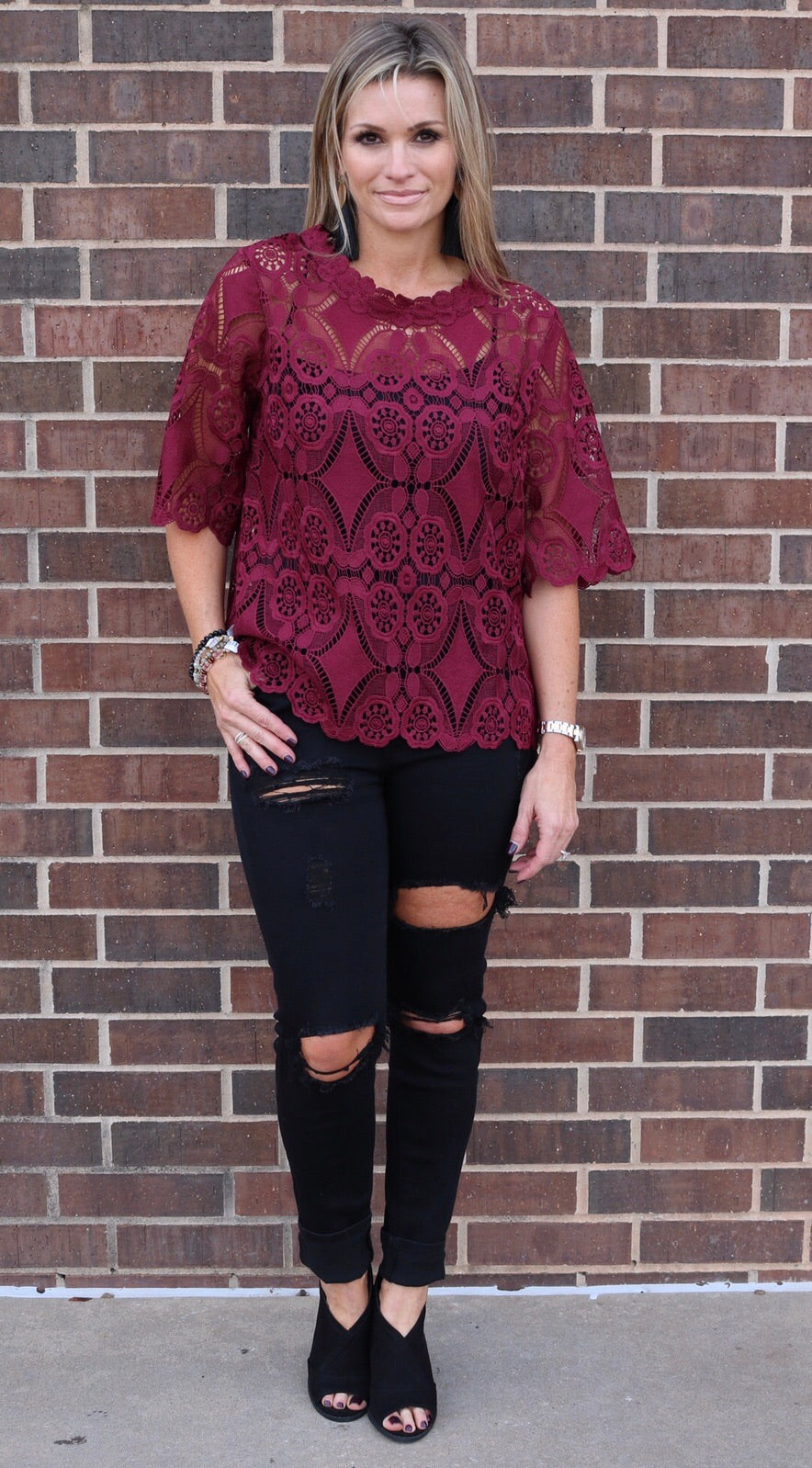 INITIATIVE Crochet Lace Elbow Sleeve CrewNeck Top