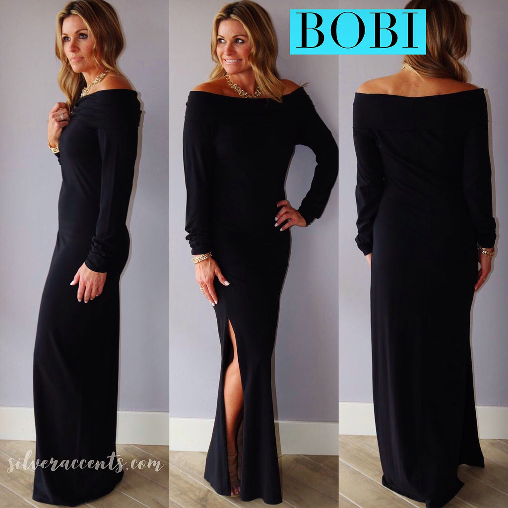 BOBI Black Praise Foldover OffShoulder Modal Jersey Slit Maxi Dress