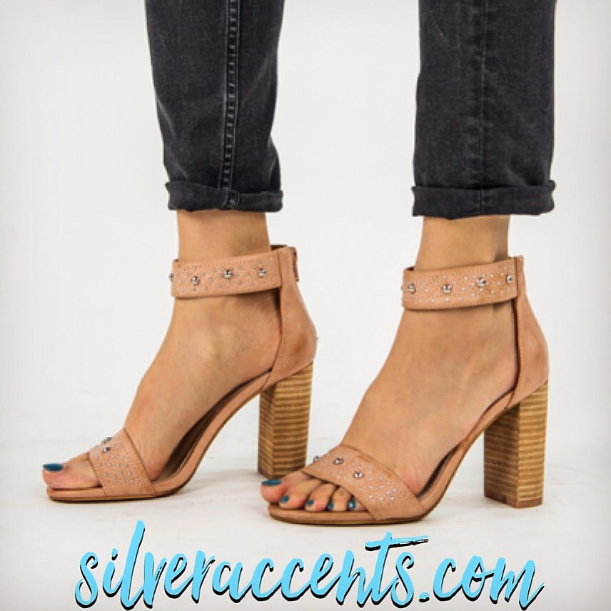 AUDREY Studded AnkleStrap Stacked Heel Sandal Shoe