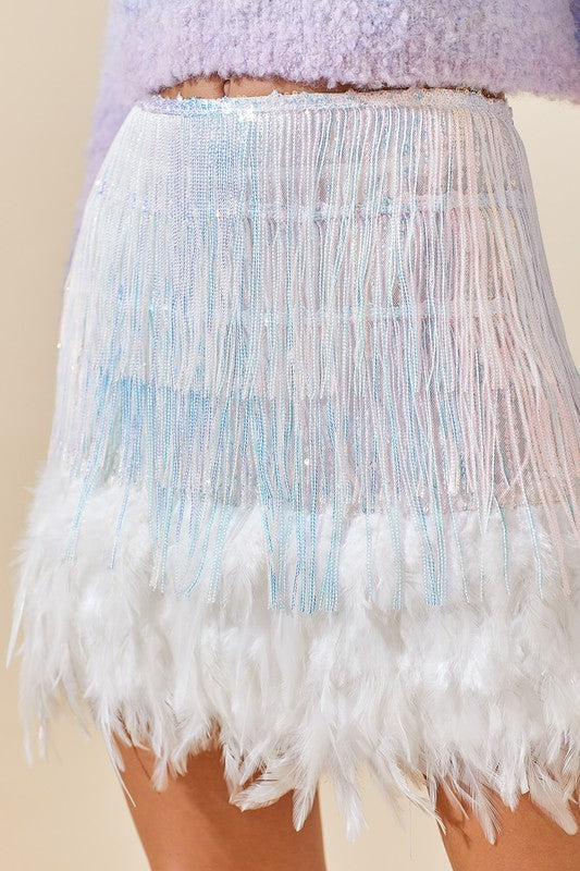 TANGO Sequin/Feather Trim Fringe Skirt