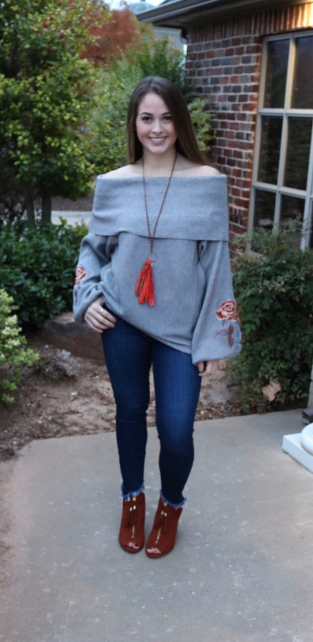 PARADIGM FoldOver OffShoulder Embroidered Floral Sleeve Sweater Tunic Top