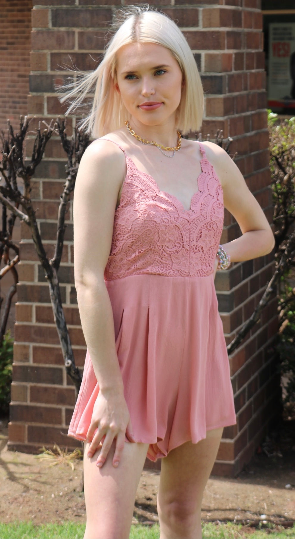 WISHLIST APPAREL OPTIC Lace Bodice Cross Back PleatShort Romper