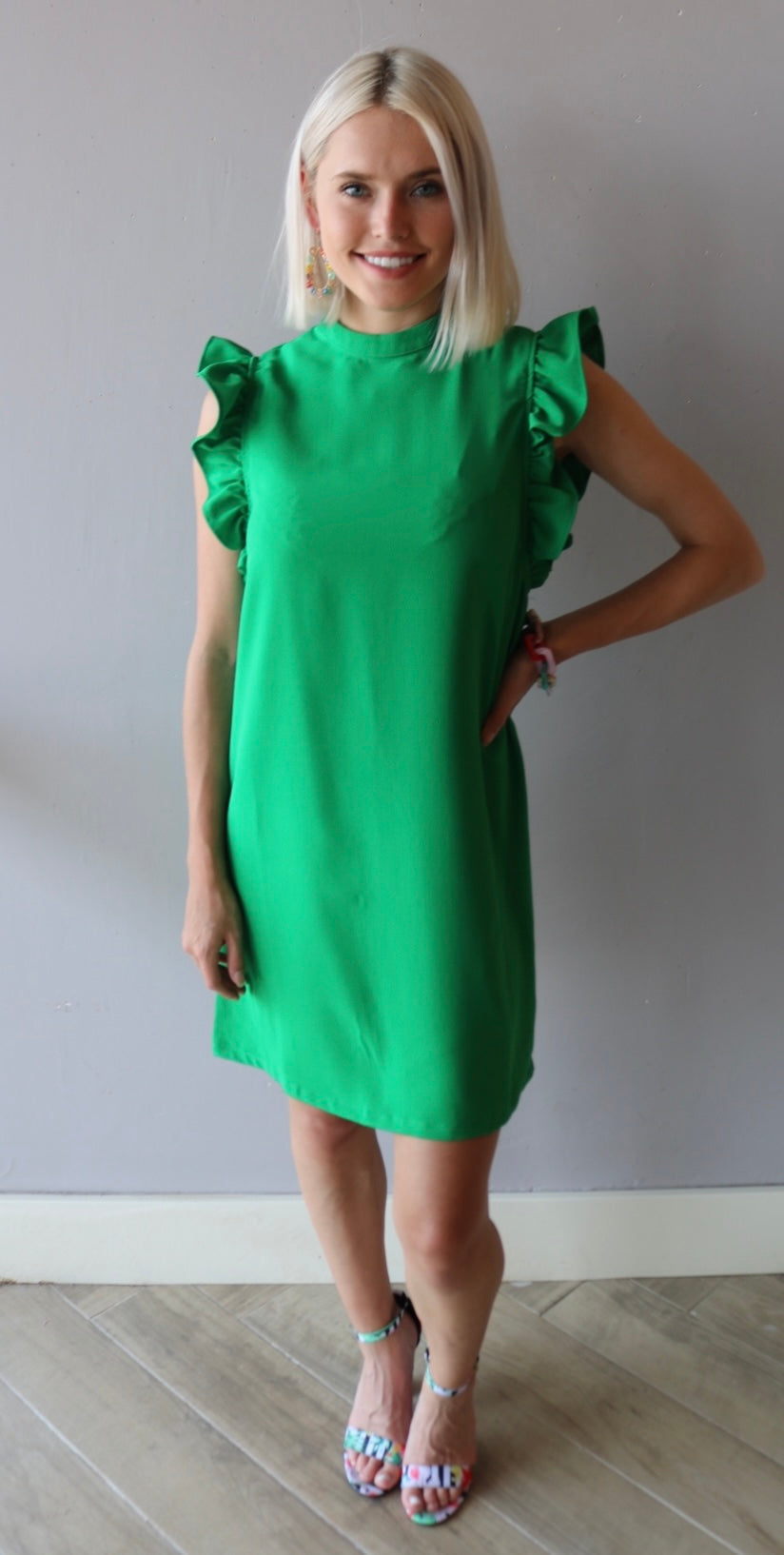 CHIME IN Ruffled Sleeve High Neck Dress