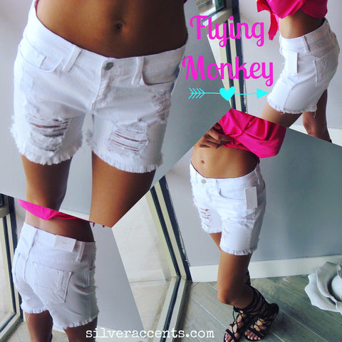 FLYING MONKEY Distressed OPTIC WHITE Boyfriend Shorts