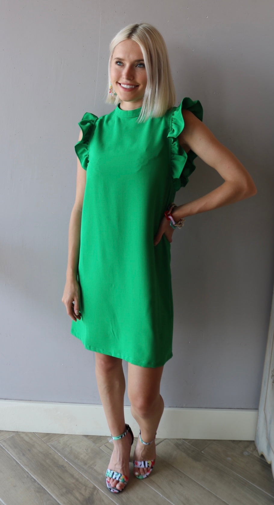 CHIME IN Ruffled Sleeve High Neck Dress