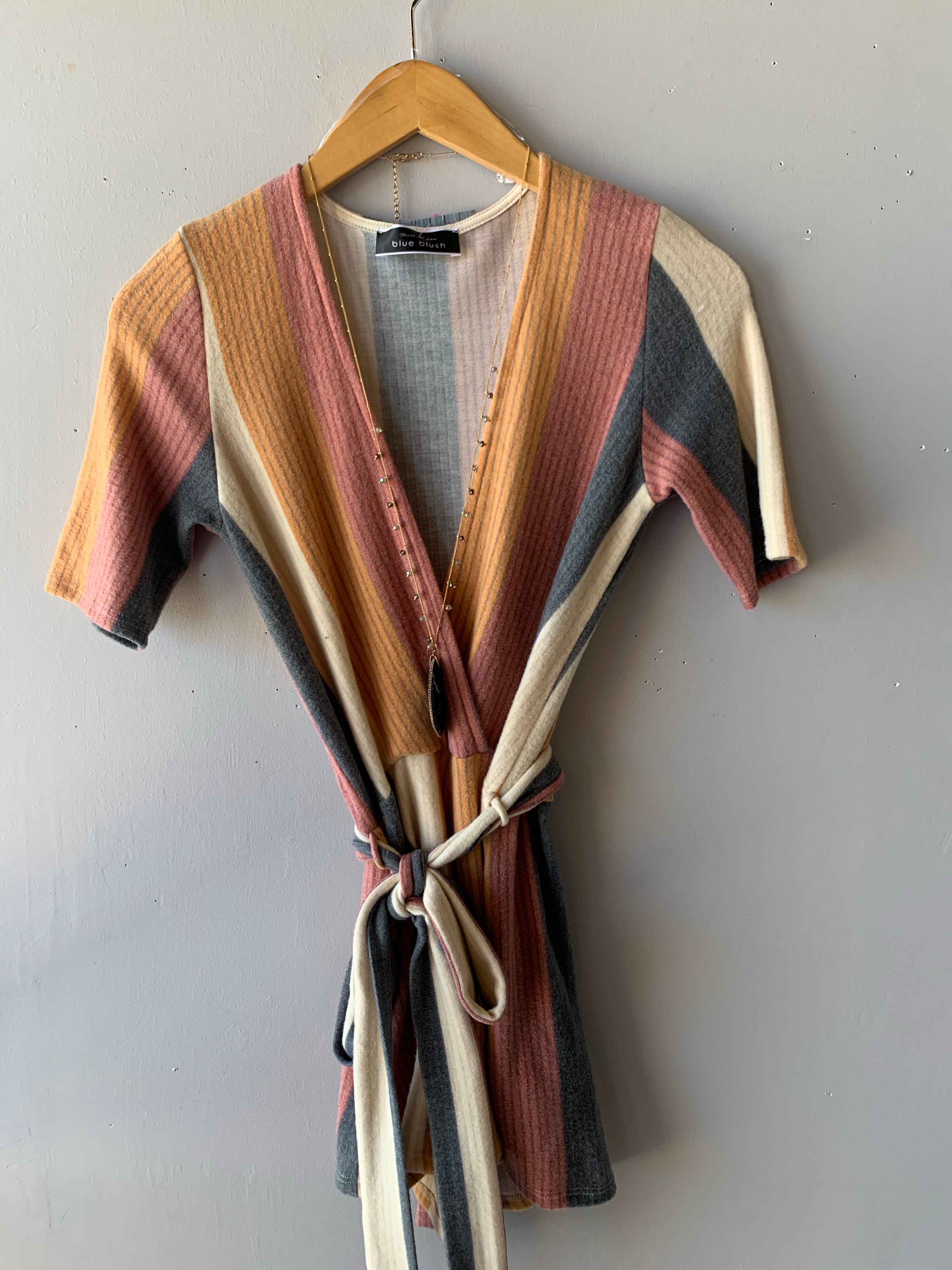 *BLUE BLUSH Stripe CLUTCH Heather-Knit Tie Waist Romper