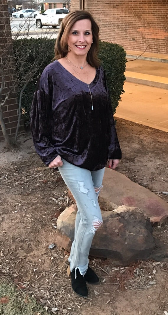 OVERVIEW Crush Velvet V-Neck DropShoulder LongSleeve Pullover Top