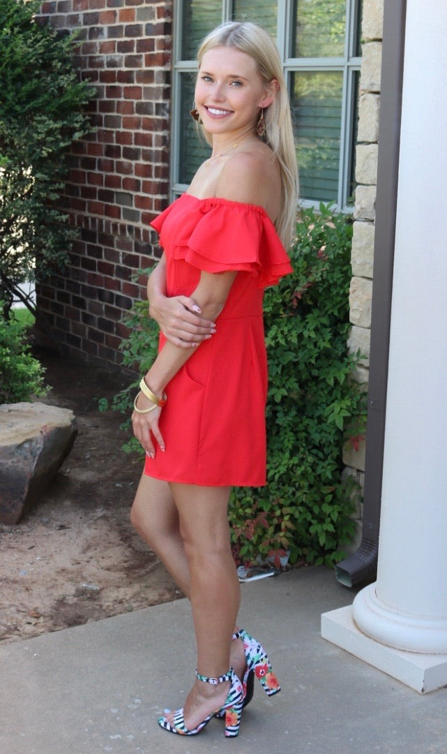 FOUNDER Ruffled OffShoulder Woven Romper w/Pockets