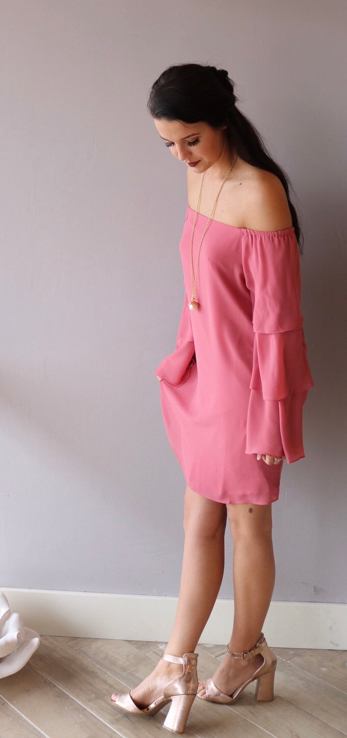 HEAVENLY OffShoulder TierSleeve Chiffon Sheath Dress