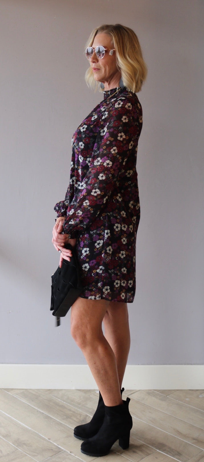 *BOBI BLACK Floral OLSEN Smock Neck Dress