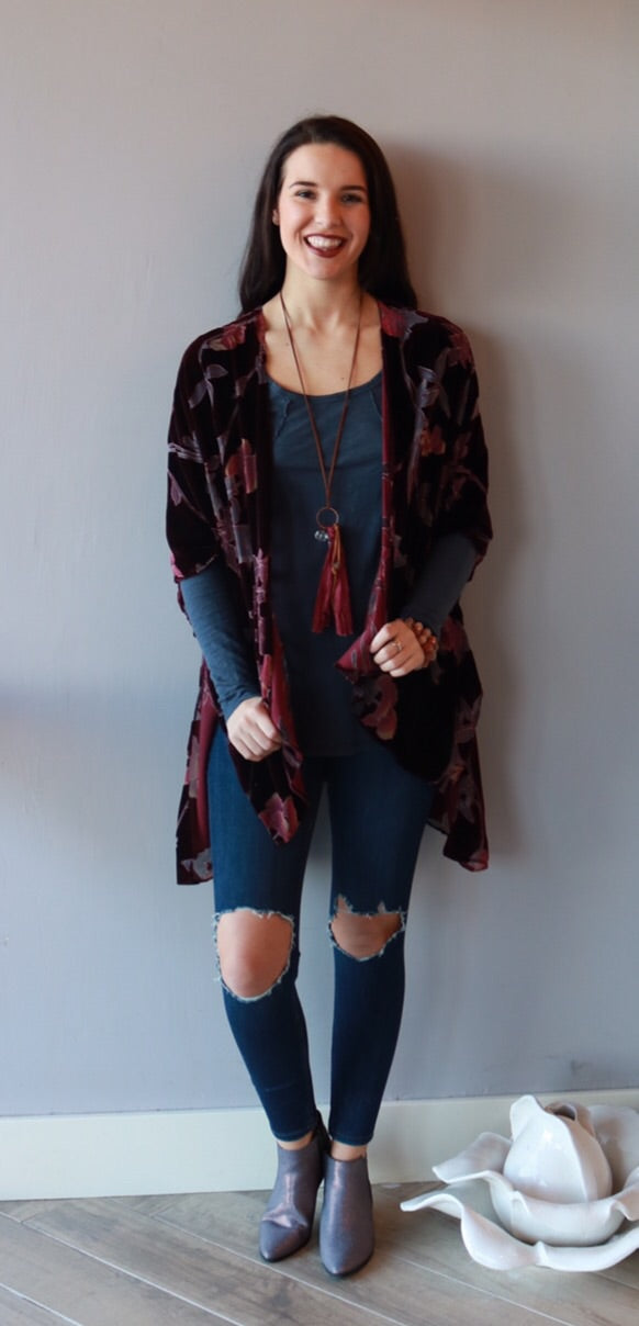 RODAN Burnout Velvet Floral Kimono Cardigan Top