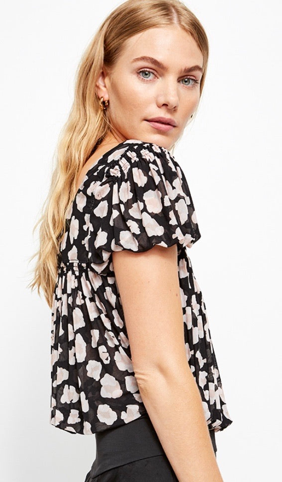 FREE PEOPLE Mesh MEG’S BLOUSE Animal Print BubbleHem Top