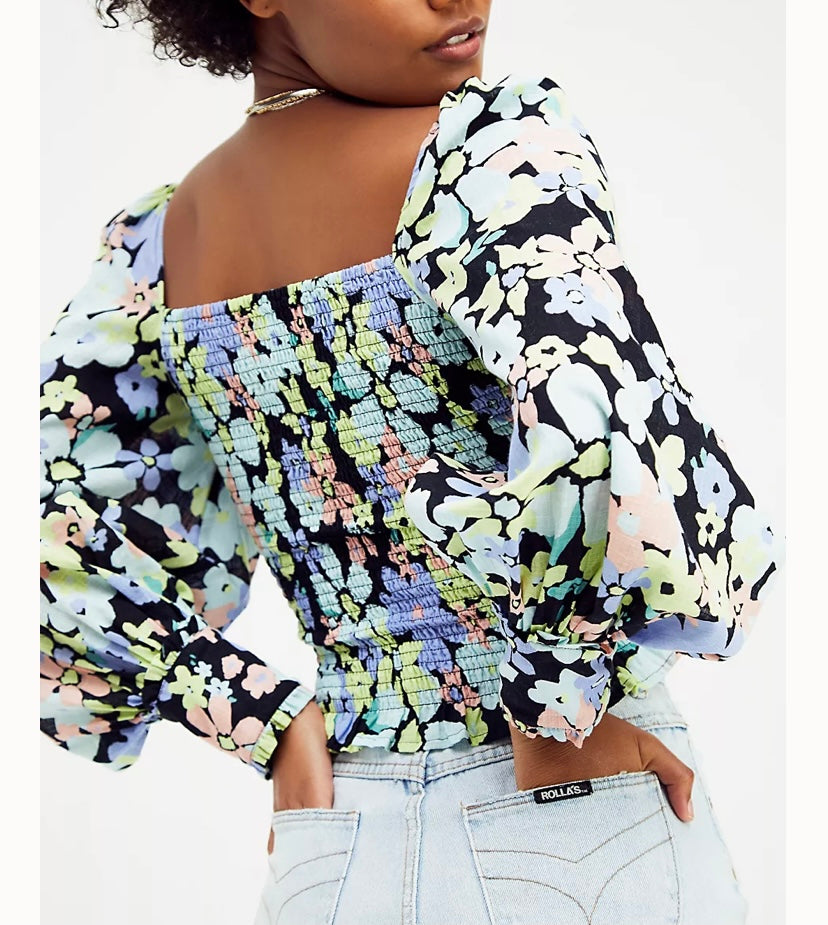 FREE PEOPLE Floral ARIANA SmockBodice PuffSleeve Top