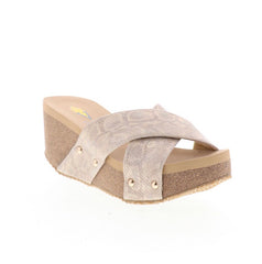 VOLATILE Gold RIVERSIDE Python Print CrissCross Wedge Sandal Shoe