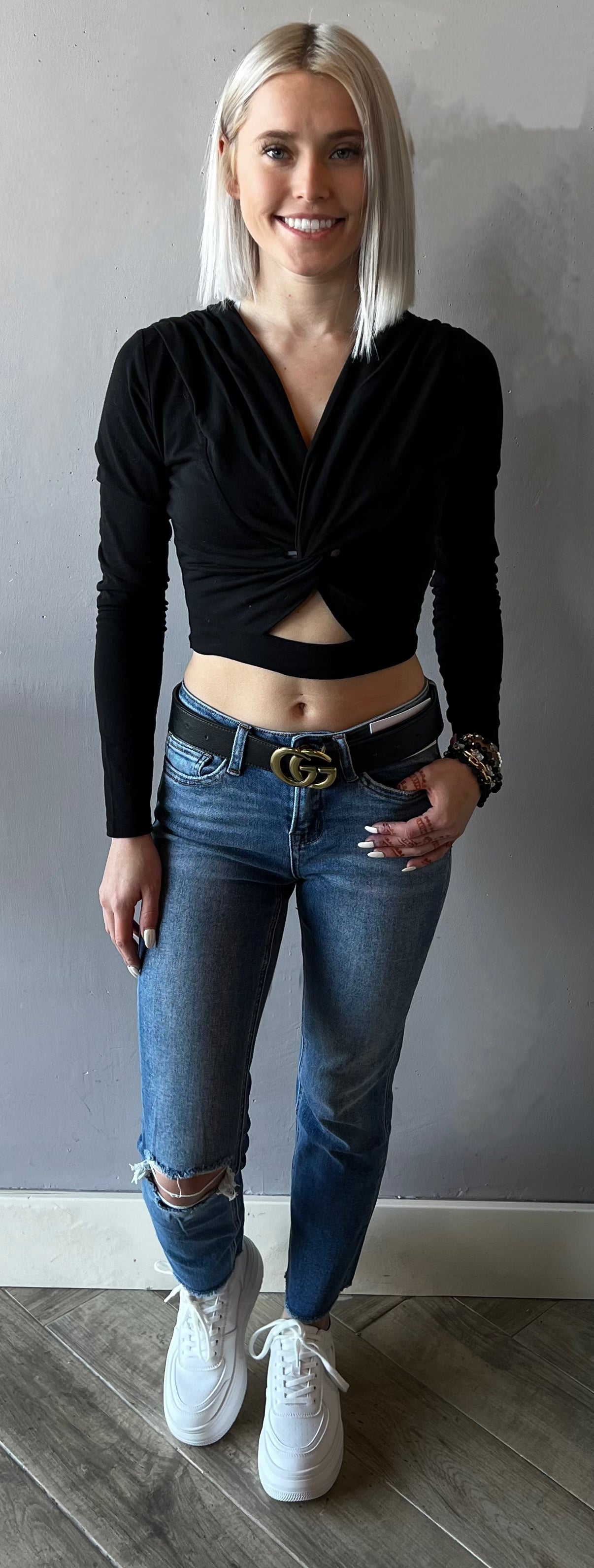 BOBI Front~Knot CLUE Modal Long~Sleeve Top