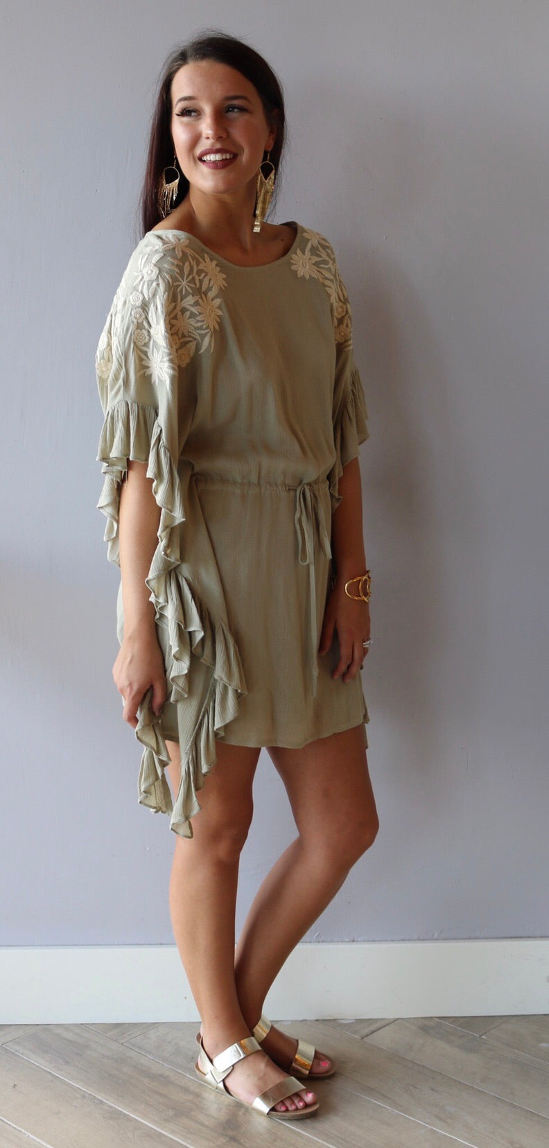 Taupe GUYANA Embroidered Ruffle Caftan Dress