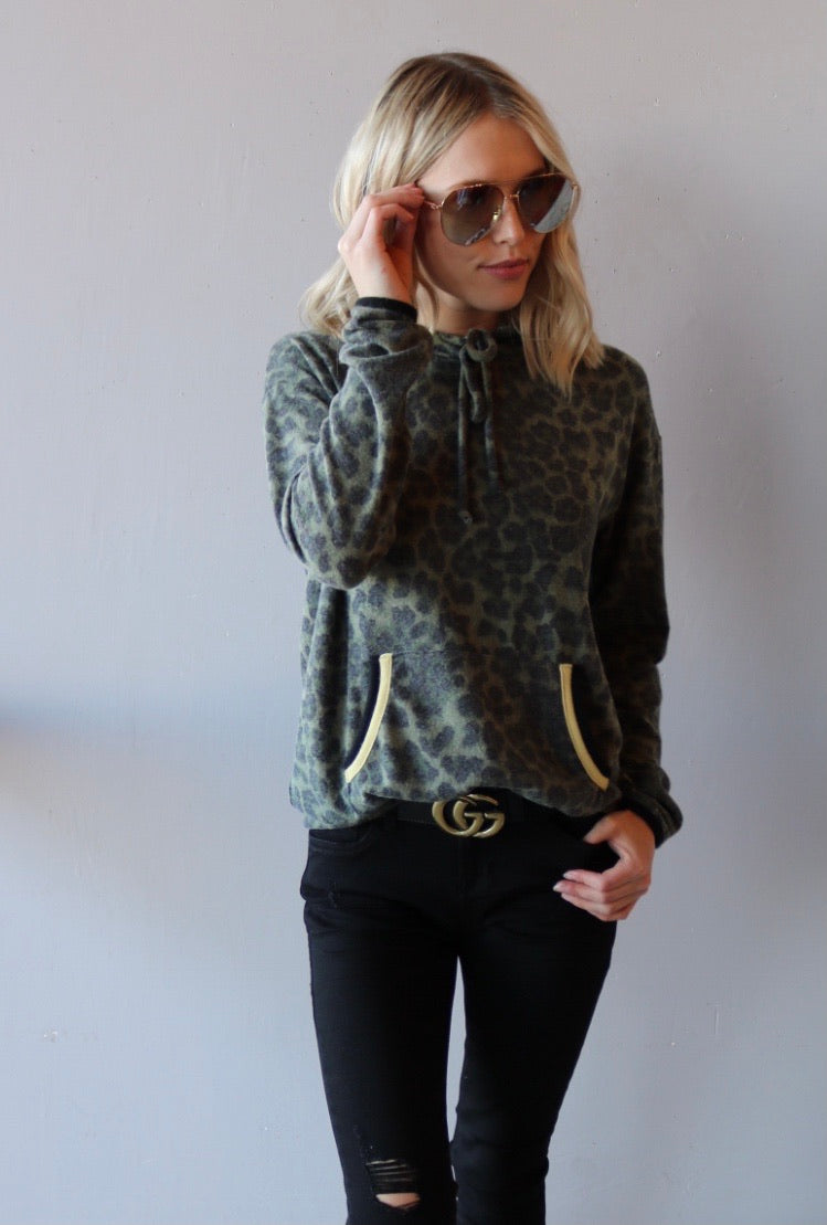 MICHAEL STARS BrushKnit CODY Eden Leopard Hoodie Top