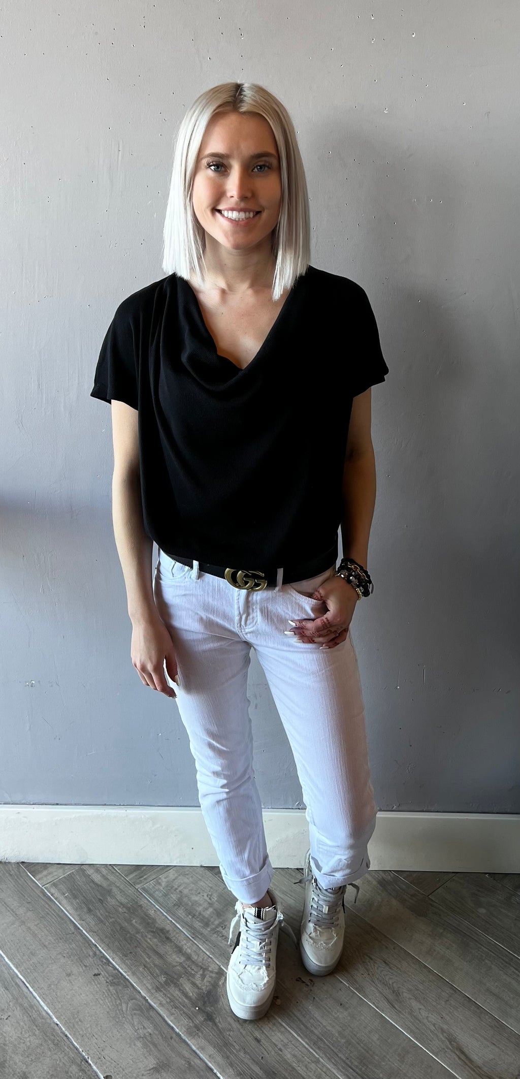 BOBI  Drape~Neck GRAYSON Ribbed~Neck Top