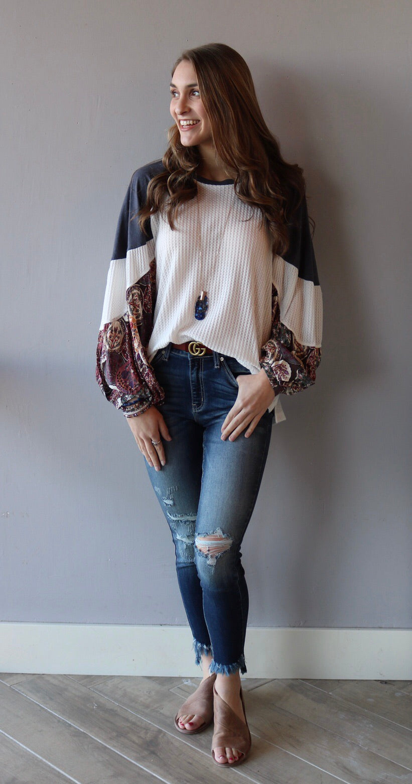 VIGILANT Floral PatchSleeve WaffleKnit Top