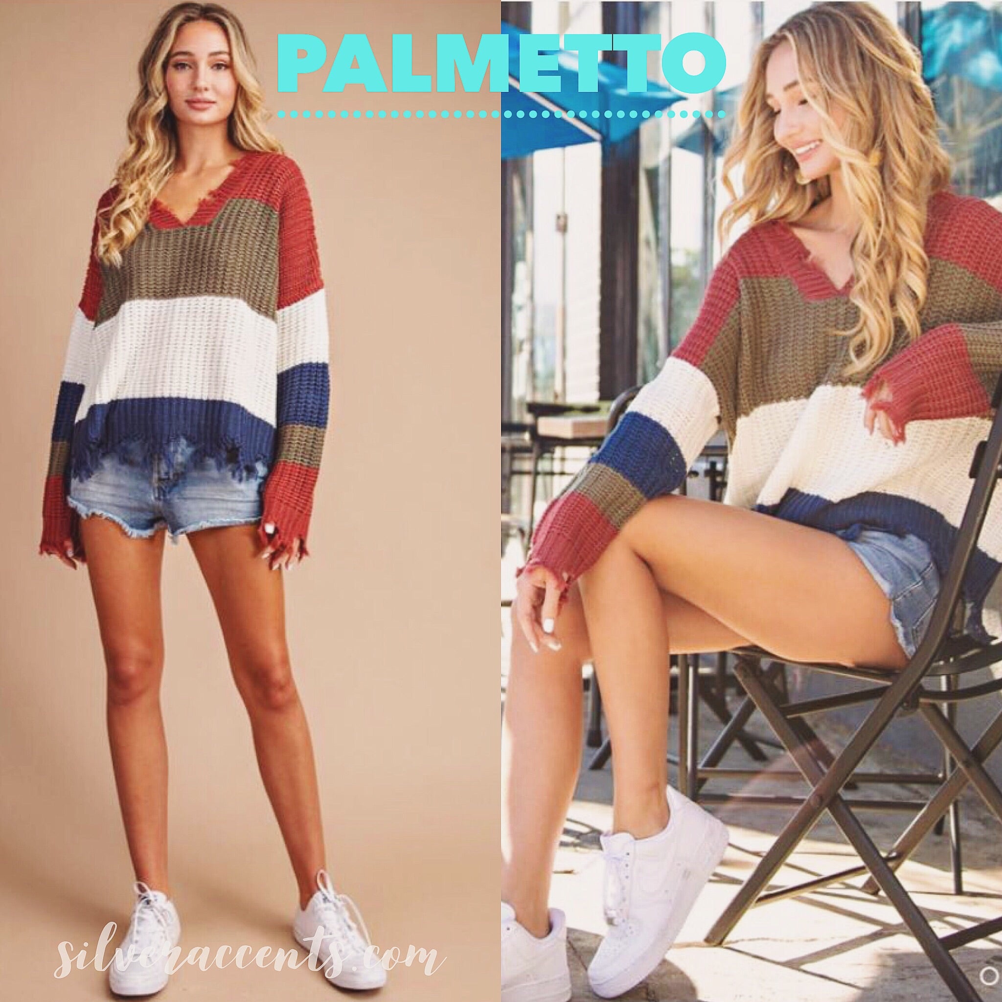 PALMETTO ColorBlock Stripe DistressedEdge Sweater Top