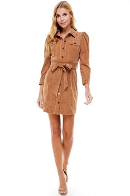 CLARITY Corduroy PuffSleeve TieWaist Dress