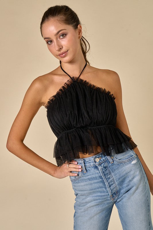 WINK Cross~Neck Ruffle Organza Top