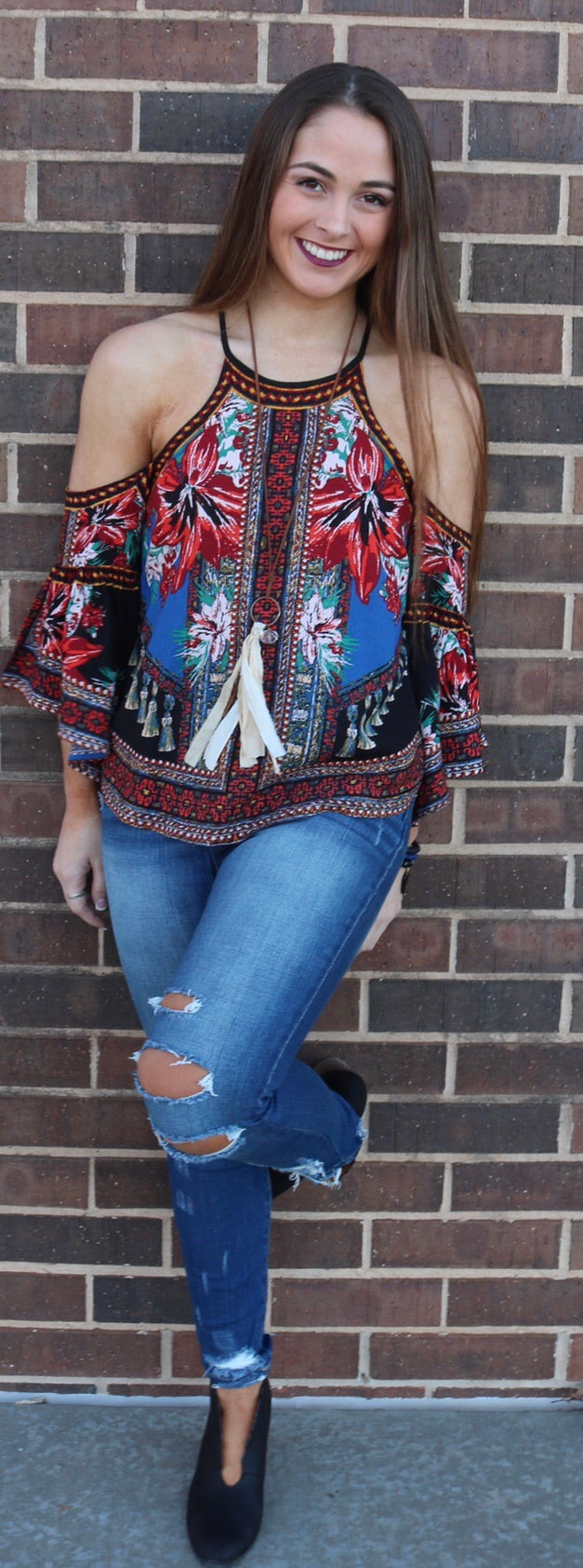 ENCORE PiecePrint ColdShoulder 3/4 FlareSleeve Top