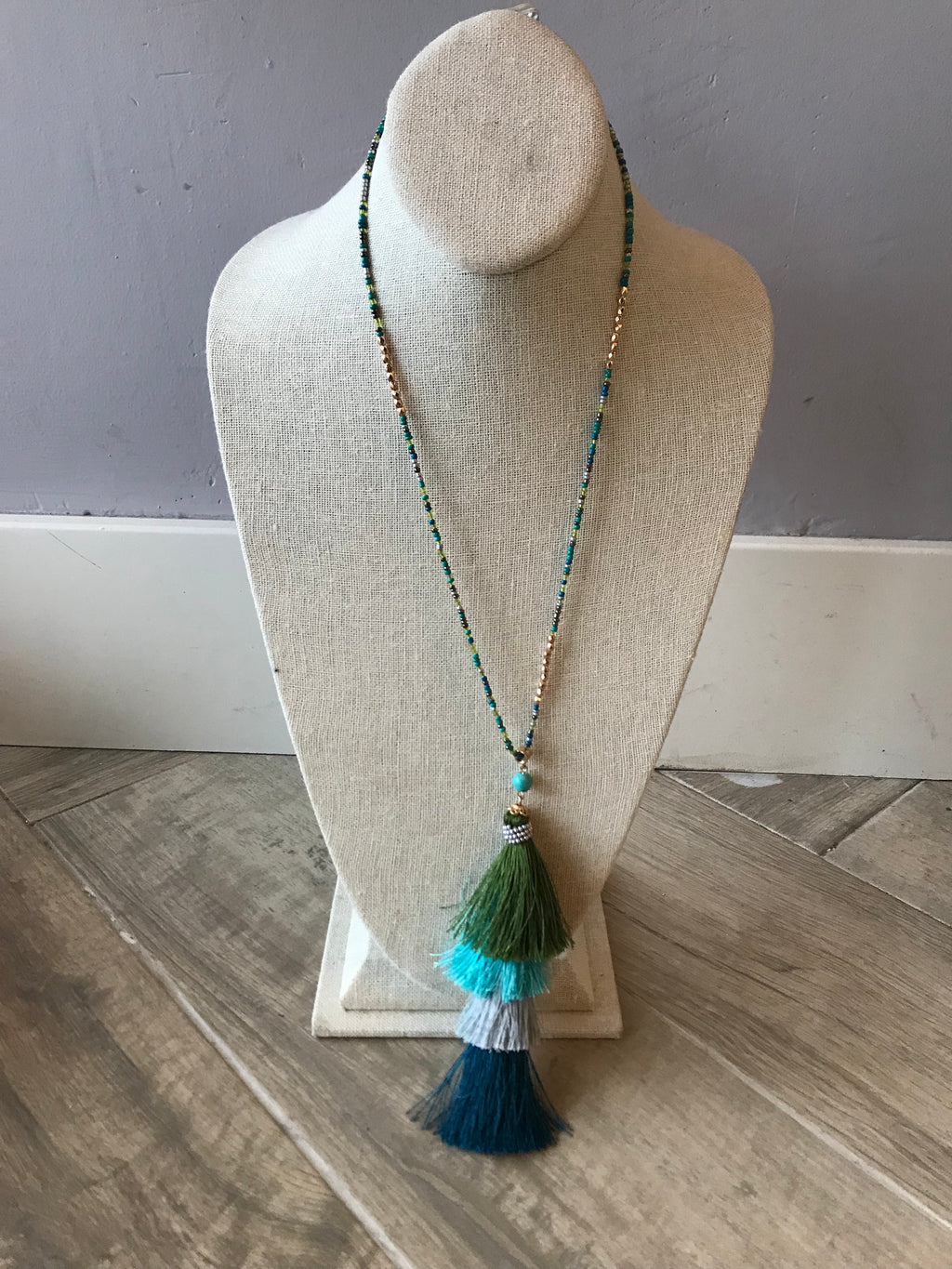 Green Beaded and Tassel Necklace