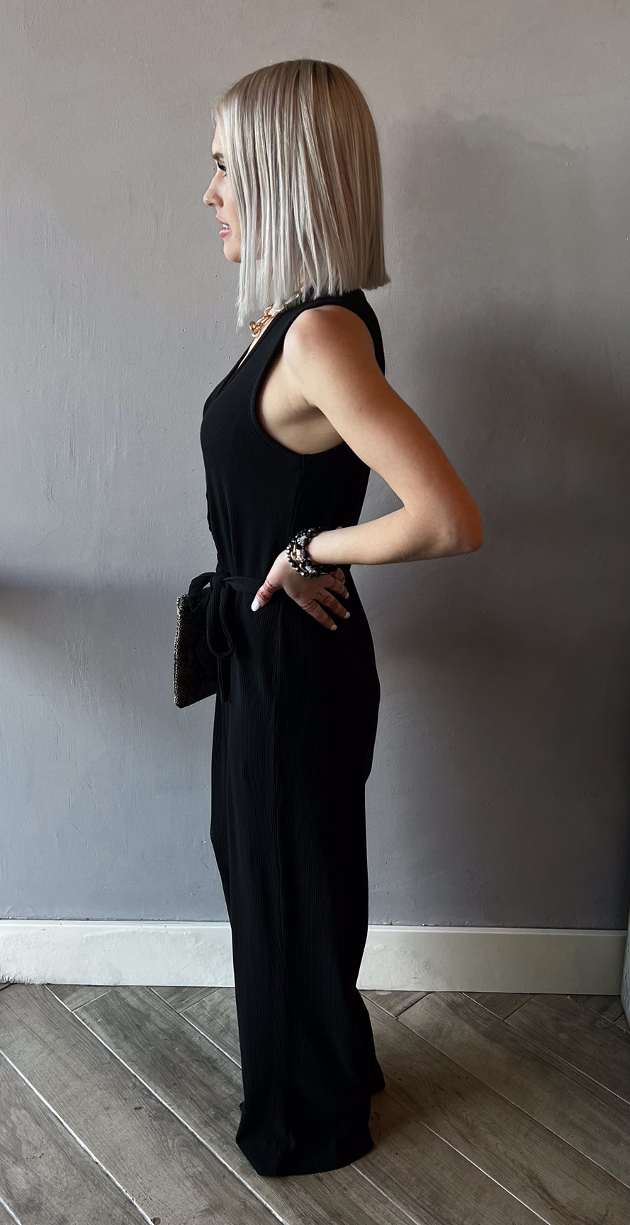 BOBI Henley IDOL V-Neck Belted Modal Jumpsuit